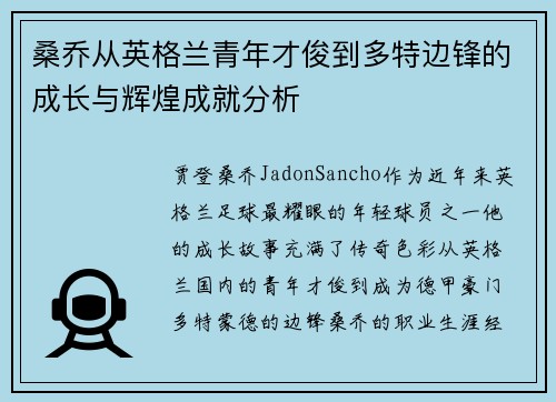 桑乔从英格兰青年才俊到多特边锋的成长与辉煌成就分析